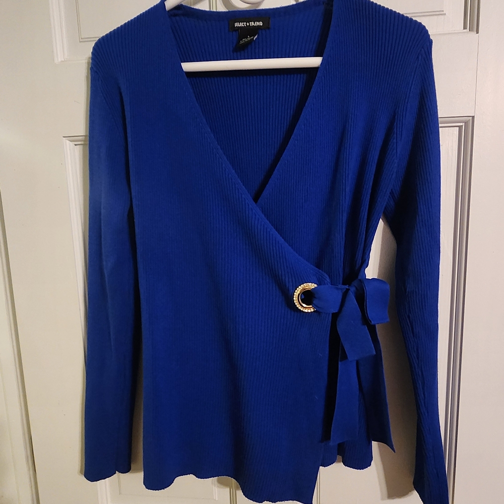 Cobalt Blue Ribbed Wrap V-Neck Sweater with Gold Ring Tie